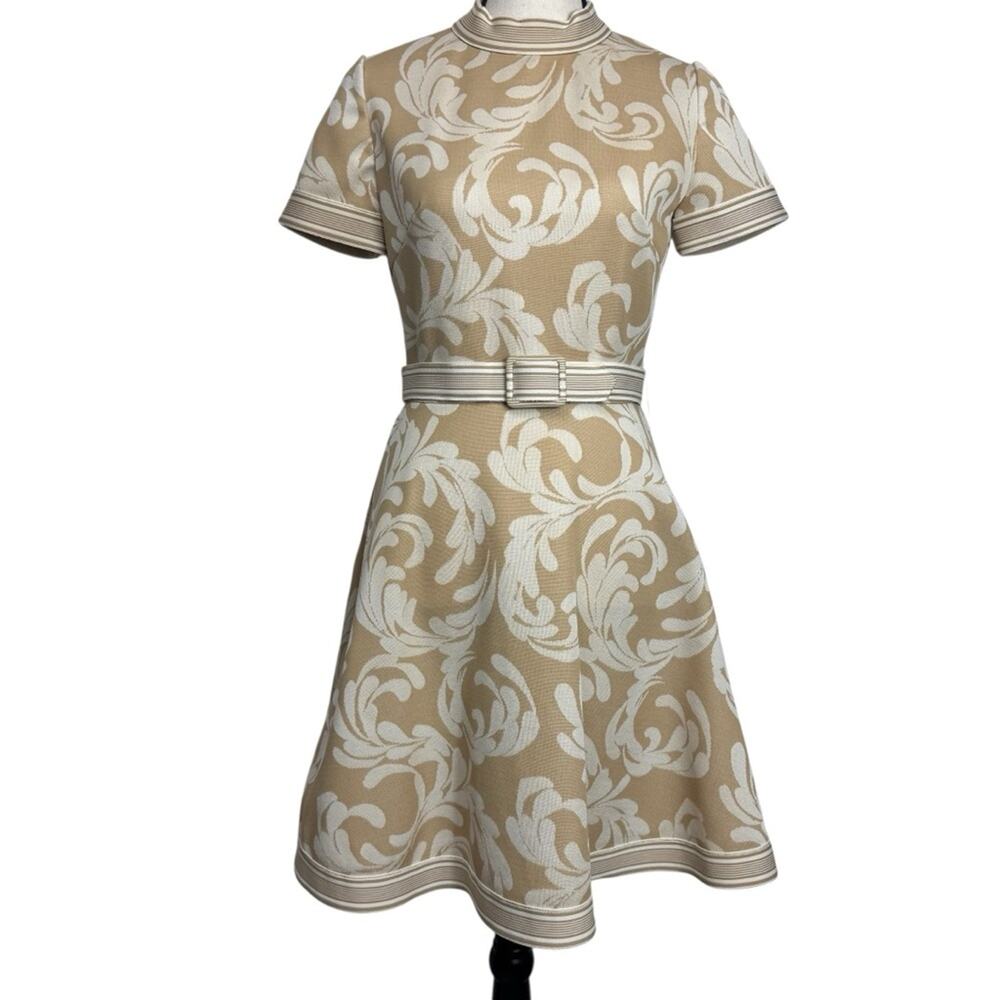 Leslie Fay Beige White Pattern Dress 1960s Vintage Mid Century Modern Housewife